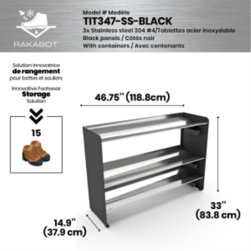 (CUSMA form attached) Commercial rustproof shoe and boot rack / 3 Tier / Shelf 46.25" stainless / Mate black  / Store 15 pairs / Rakabot Titan