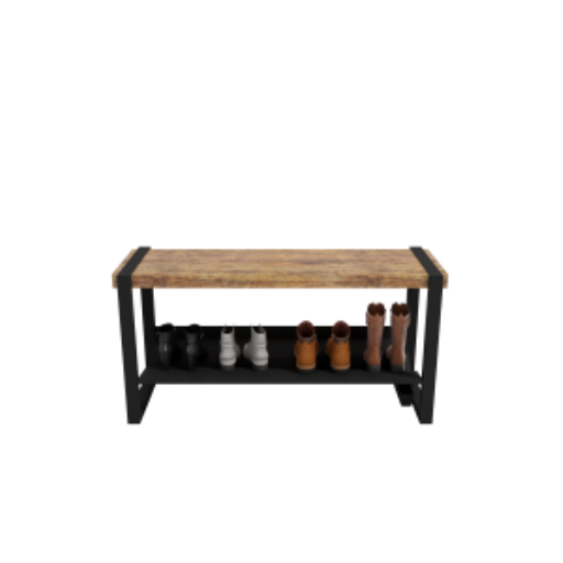 (CUSMA form attached)  Sturdy practical entryway bench / 43" wide / WHISKY wood stain / Black shelf & frame / Store 3 pairs / Rakabot Moderno