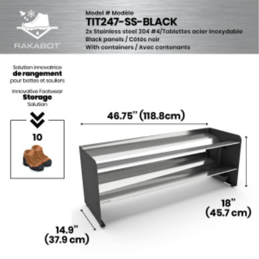 (CUSMA form attached) Commercial rustproof shoe and boot rack / 2 Tier / Shelf 46.25" stainless / Mate black  / Levelers / Store 10 pairs / Rakabot Titan