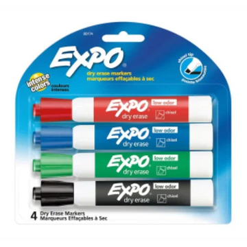 EXPO Dry Erase Markers, Low Odor Ink, Assorted Colors, Chisel Tip, 4 Count