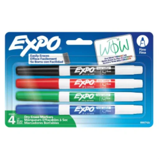 EXPO Dry Erase Markers, Low Odour Ink, Assorted Colours, Fine Tip, 4 Count