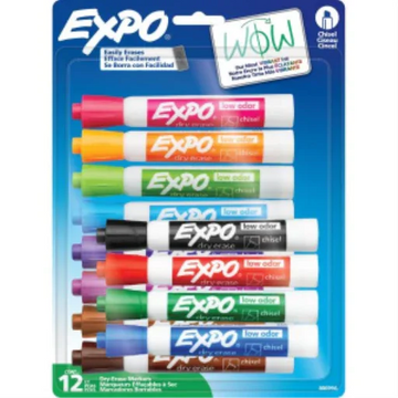 EXPO Dry Erase Markers, Low Odour Ink, Assorted Colours, Chisel Tip, 12 Count