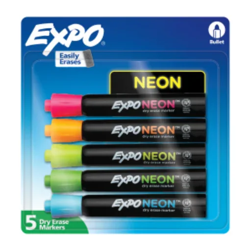 EXPO Neon Dry Erase Markers, Assorted Colours, Bullet Tip, 5 Count