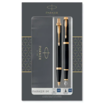 Parker IM Duo Gift Set with Ballpoint Pen & Fountain Pen | Gloss Black with Gold Trim | Blue Ink Refill & Cartridge | Gift Packaging