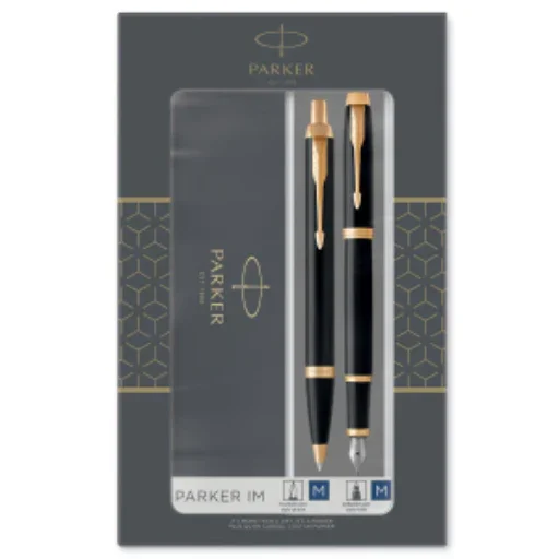 Parker IM Duo Gift Set with Ballpoint Pen & Fountain Pen | Gloss Black with Gold Trim | Blue Ink Refill & Cartridge | Gift Packaging