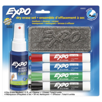 EXPO Dry Erase Markers Kit, Chisel Tip, Assorted Colours, Eraser, Spray Cleaner, 6 Count