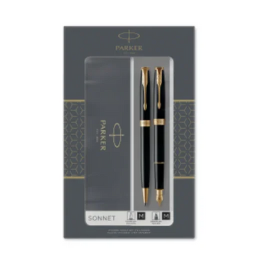 Parker Sonnet Duo Gift Set with Ballpoint Pen & Fountain Pen (18K Gold Nib) | Gloss Black with Gold Trim | Black Refill & Cartridges