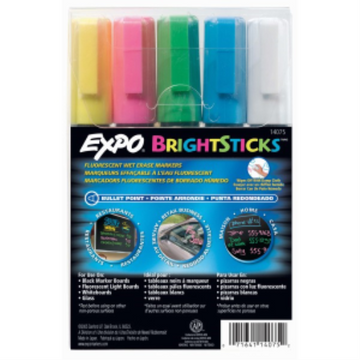 Expo Bright Sticks Wet Erase Fluorescent Markers, Bullet Tip, Assorted Colours, 5 Count
