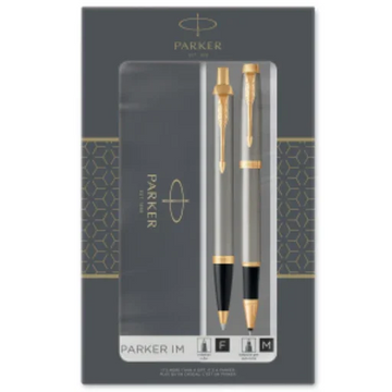 Parker IM Duo Gift Set with Ballpoint Pen & Rollerball Pen | Brushed Metal with Gold Trim | Black Ink Refill & Cartridge | Gift Box