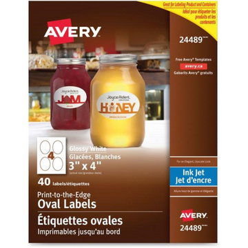 GLOSSY WHITE OVAL LABELS, 3" X 4", 10 SHTS/PK, 60 LB
