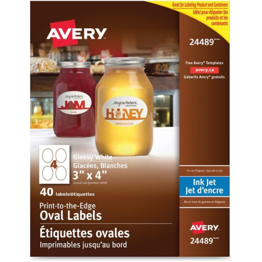 GLOSSY WHITE OVAL LABELS, 3" X 4", 10 SHTS/PK, 60 LB