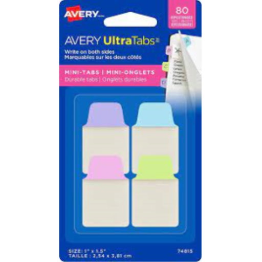 Mini Tabs 1 x 1.5, Pastel Colours, Lavender, Lt Blue, Lt Green, Pink, 80 pack