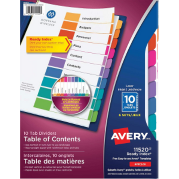 READY INDEX TABLE OF CONTENTS DIVIDERS, 10 TAB, 6 SETS