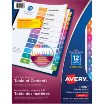 READY INDEX TABLE OF CONTENTS DIVIDERS, 12 TAB, 6 SETS