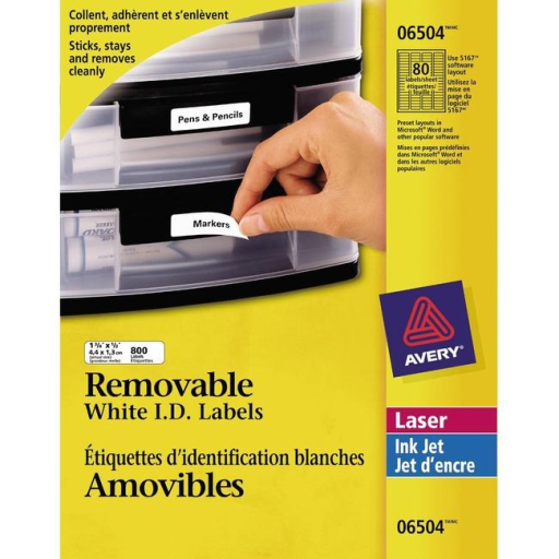 6504 I.D. LABELS, 1 3/4" X 1/2", REMOVABLE, 10 SHEETS/ENV.