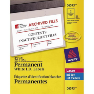 6573 I.D. LABELS, 8 1/8" X 5", PERMANENT, 15 SHEETS/ENVELOPE, 30