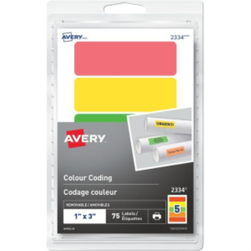 2334 Avery Removable Rectangular Colour Coding Labels for Laser or Inkjet Printers, 1" x 3", Assorted Colours / Removable