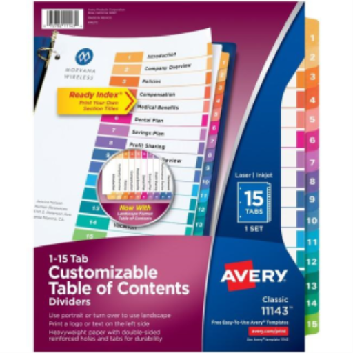 11143 READY INDEX TABLE OF CONTENTS DIVIDERS, 15 TAB, 1 SET, - Distribution Conrad