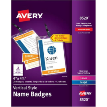 Avery Laser/Inkjet Vertical Style 6" x 4?" Name Badge Kit (Inserts, Holders, Lanyard, x2 Tickets), 25/box