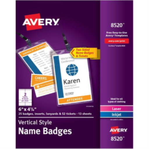 Avery Laser/Inkjet Vertical Style 6" x 4?" Name Badge Kit (Inserts, Holders, Lanyard, x2 Tickets), 25/box