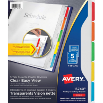 CLEAR EASY VIEW DIVIDERS 5-TAB, MULTICOLOR TABS AND