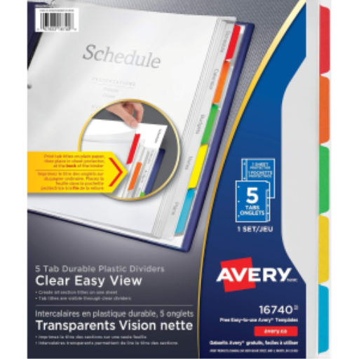 CLEAR EASY VIEW DIVIDERS 5-TAB, MULTICOLOR TABS AND