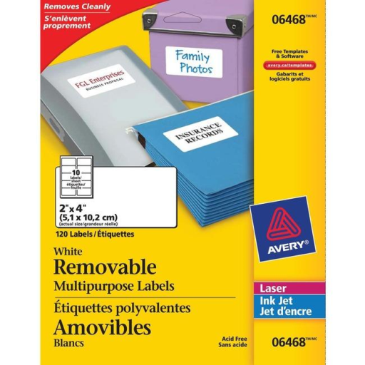 ID LABELS, 2" X 4", REMOVABLE, 12 SHEETS/ENV., 120 LABELS