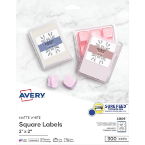 22806 PRINTTOTHEEDGE SQUARE LABELS, 2" X 2", 25 SHTS/ENV