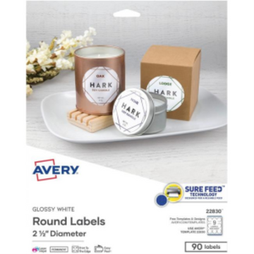 22830 GLOSSY WHITE ROUND LABELS, 2 1/2" DIA., 10 SHTS/ENV.