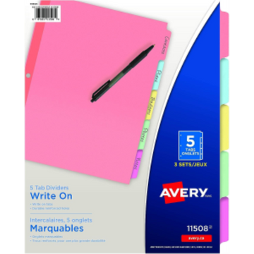 WRITEON DIVIDERS, 5 TAB, 3 SETS, MULTICOLOUR, PLAIN