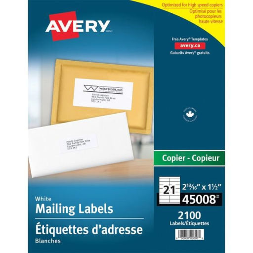 45008 COPIER LABELS, 213/16" X 1 1/2", PERMANENT, WHITE, 10