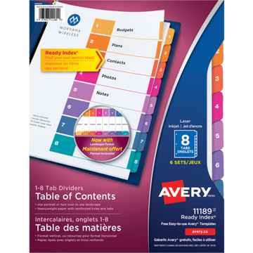 11189 READY INDEX TABLE OF CONTENTS DIVIDERS, 8 TAB, 6 SETS,