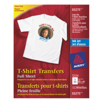 3275 DURABLE WHITE T-SHIRT TRANSFERS, 8 1/2" X 11", 12 SHEETS