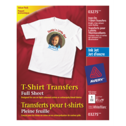 3275 DURABLE WHITE T-SHIRT TRANSFERS, 8 1/2" X 11", 12 SHEETS