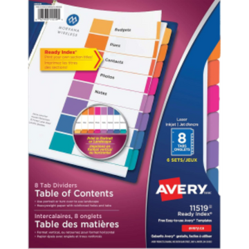 READY INDEX TABLE OF CONTENTS DIVIDERS, 8 TAB, 6 SETS,