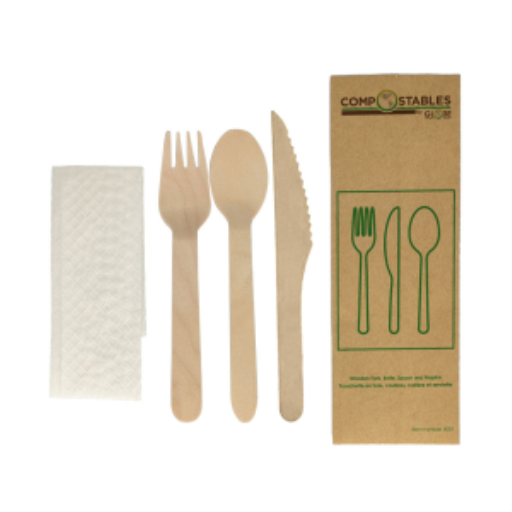Compostable Wooden Cutlery Set - 6.5" Knife, Fork, Spoon and Napkin in Paper Bag (50 sets/pack)