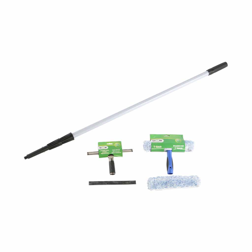 14" Window Care Kit Includes 14" Stainless Steel Squeegee, 14" T-Bar and Microfiber Washing Sleeve, 14" Replacement Microfiber Sleeve and 12ft Extension Pole