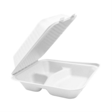 Compostable Hinged Containers - 9" x 9" x 3" / White / 3 Compartment - (Pack of 50)