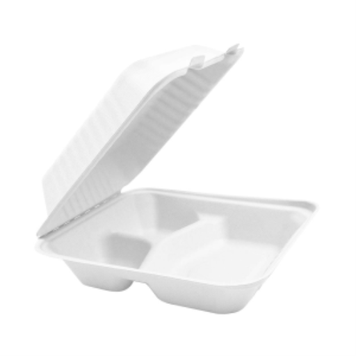 Compostable Hinged Containers - 8" x 8" x 3" / White / 3 Compartment - (Pack of 50)