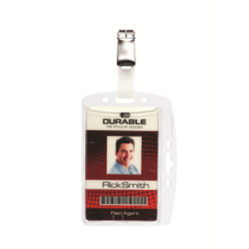 DURABLE Shell-Style ID Badge Holder with Strap Clip, Horizontal Or Vertical Orientation, 2-3/4" x 4", Clear, Pack of 25 (800519)