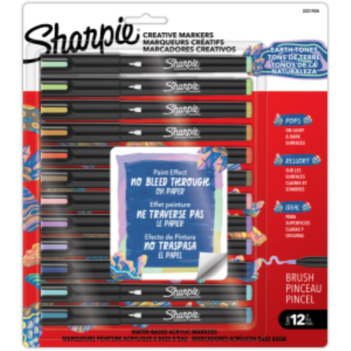 Sharpie Creative Markers, Earth Tones, Water-Based Acrylic Markers, Brush Tip, Assorted Colors, 12 Count