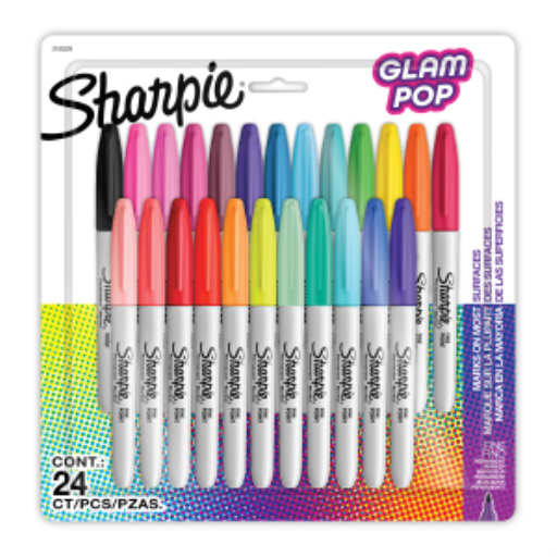 Sharpie Glam Pop Permanent Markers, Fine Point, Assorted Colors, 24 Count