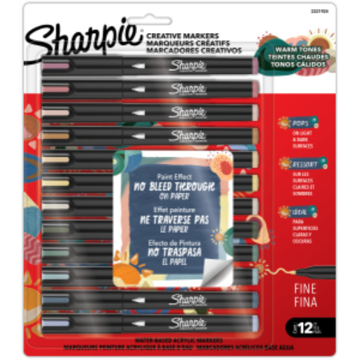 Sharpie Creative Markers, Warm Tones, Water-Based Acrylic Markers, Fine Tip, Assorted Colours, 12 Count