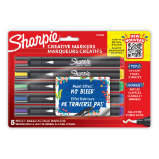 Sharpie Creative Markers, Water-Based Acrylic Markers, Bullet Tip, Assorted Colors, 5 Count