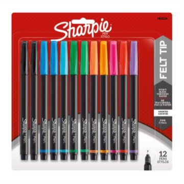 Sharpie Pens, Felt Tip, Fine Point (0.4 mm), Assorted Colours, 12 Count