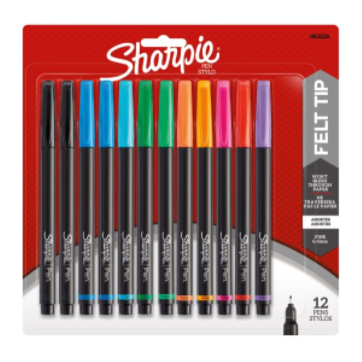 Sharpie Pens, Felt Tip, Fine Point (0.4 mm), Assorted Colours, 12 Count