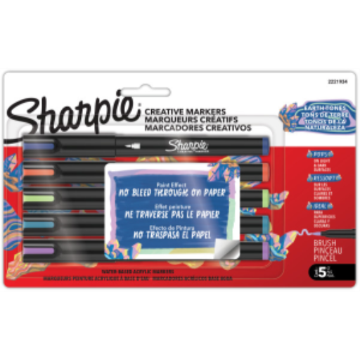 Sharpie Creative Markers, Earth Tones, Water-Based Acrylic Markers, Brush Tip, Assorted Colours, 5 Count