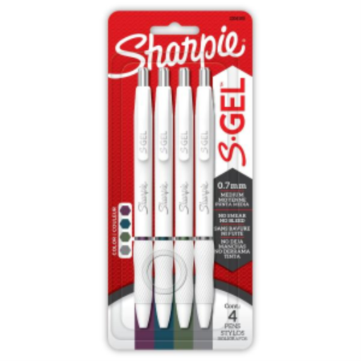 Sharpie S-Gel Pens, Fashion Barrel Gel Pens, Pearl White Body, Medium (0.7mm) Point, Rich Dark Colour Assortment, 4 Count