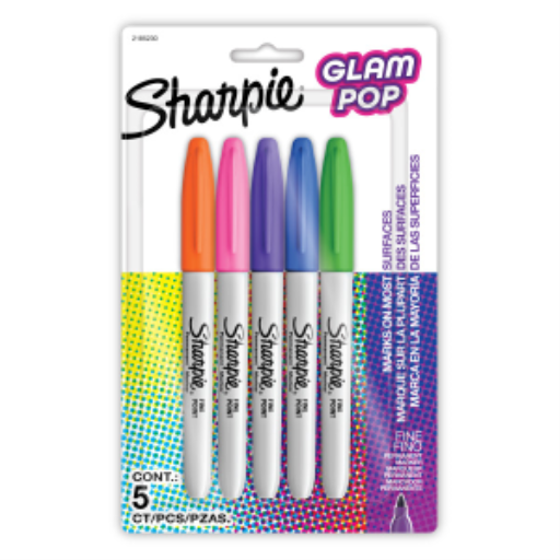 Sharpie Glam Pop Permanent Markers, Fine Point, Assorted Colors, 5 Count
