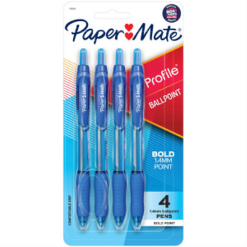 Paper Mate Profile Retractable Ballpoint Pens, Bold Point (1.4 mm), Blue, 4 Count